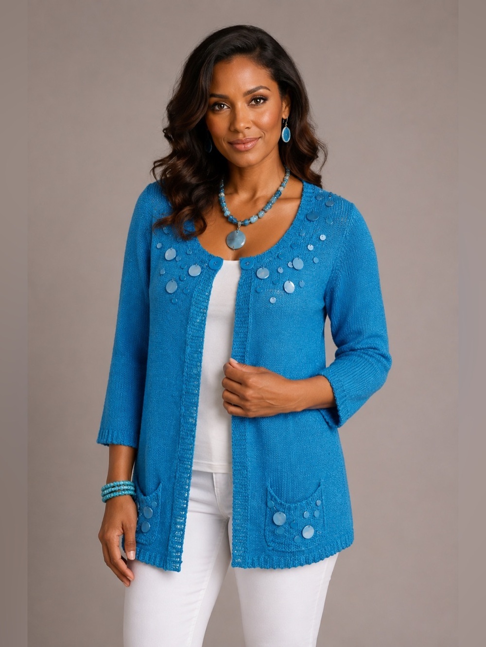 CWC Coldwater Creek Blue 1 button Cardigan Sweater top beaded shabby SZ 1X chic!